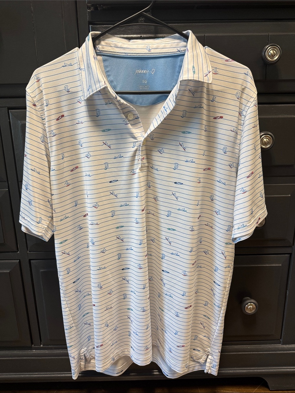 johnnie-O White Polo with Light Blue Stripes and Multicolor Accents